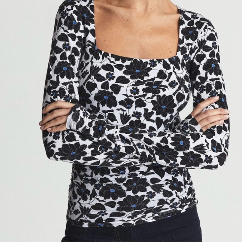 Reiss Black and Blue Floral Long Sleeve Top
